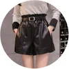 Women's Shorts Leather Pu High Waist Elastic Aline Widelegged With Belt Black Brown Elegant Bottoms Casual Short Mujer 230317