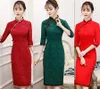 Etnisk kläder kinesisk klänning qipao jacquard bomull cheongsam mode medium lång stor spets sidhylsa smal dagligen qj