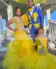 Abiti da ballo a sirena in velluto giallo 2023 per ragazze nere Ruffel una spalla Plus Size Abiti da festa di compleanno con nappe Tulle Train