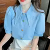 Kvinnor BLOUSES 2023 Summer Fashion Ladies Temperament Beaded Women Shirts Puff Sleeve Single Breasted Tops