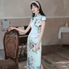 Etniska kläder Sheng Coco Women Vintage Chipao Ligth Blue Evening Party Dress Chinese Qipao Oriental Mandarin Collar Floral Elegant