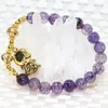 Strand Wholesale Price Natural Purple Popcorn Agat Round Stone 8mm Beads Bracelet Gold-color Monkey Pendant Jewelry 7.5inch B2058