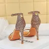 Sandals Grace Sequined Women Evening Party Shoes Ladies Pumps 11cm Thin High Heels Narrow Strap Classic Sandalias Mujer