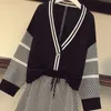 Two Piece Dress Plus Size Women's 2023 Spring Fat Sister Vneck Contrast Knitted Cardigan Plaid Shorts Age Reduction 230316