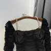 Camicette da donna Collezione autunno 2023 Slim Solid Black Diamond aderente pieghettato Vintage Top da donna Pullover