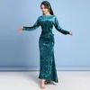 Scene Wear Winter Class Women Belly Dance Outfit Velvet Stretchy Long Dress 3PCS Costume Set (Dress Belt and Headband)