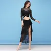 Podium Draag Fashion Women Dance Clothing Class Spandex Rettery Mesh Sequins Belly Costume Set 2PCS Over-Skirt Hip Scarf