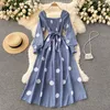 Casual Dresses Polka Dot Dress Women Clothing Elegant Vintage Autumn Square Neck Long Sleeve Shirred Midi With Belt