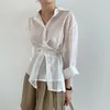 2023 Women's Blouses Chic Long Sleeve Blouse Women Clothing White Sunscreen Shirt Woman Thin Buckle Lapel Feminine Top