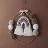 Wall Decor Nordic Lace Macrame Rainbow Tapestry Kids Baby Bedroom Decor Toys Handmade Metal Ring Pompom Ball Tapestry Wall Hanging Decor 230317