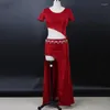 Stage Wear 2023 vrouwen dansmeisjes buikkostuum lange maxi rok zijspleet outfit elastische schittering asymmetrische jurken