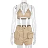 Kvinnors spårsättningar Kvinnor Sexig Slim Pocket Short Cargo Pant 2 Piece Set Summer Lace Up Halter Tank Bikini Top Co Ord Suit Clothing 2023Women '