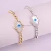 Charm Bracelets Wholesale 10Pcs Micro Pave Clear CZ Eye Shell Hamsa Hand Connector With 4mm Round Beads Chain Adjustable