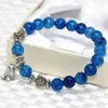 Strand Fashion Natural Stone Armband Agat Blue Popcorn Carnelian 8mm Round Beads Bell Pendant Jewelry 7.5 -tums B2062
