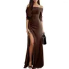 Casual Dresses Dress Women' S Sexy Party Prom Women Solid Color High Split Off Shoulder Half Sleeve Slash Neck Full Length S-XXXL