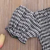 Kleidungssets Baby Mädchen Kleidungssets Kurzarm Schulterfrei Plaid T-Shirts Tops Denim Shorts 2 Stück Für 2-9Y Sommer Kleinkind Mode Kleidung