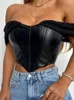 Women's Tanks PU Leather Sexy Bustier Corset Top Off Shoulder Chiffon White Strapless Female Cropped Tops Women Clothes