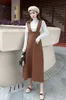 Women's turtleneck sweater and knitted spaghetti strap suspender a-line midi long dress