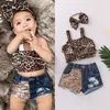 Set di abbigliamento 0-3 anni Completi in denim per bambine e ragazze senza maniche Leopard Crop Top gilet Hipster Jean Pantaloni Pantaloncini Abiti estivi Set 230317