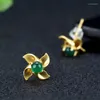 Stud-oorbellen Verkoop van natuurlijke handgesneden goudkleur 24k inleg Jade Windmill Studs Fashion Jewelry Accessories Menwomen Luckgifts