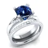 Anneaux de mariage Hainon luxe cristal bleu rouge Zircon anneau ensemble mode couleur argent ensembles de mariée promesse amour fiançailles pour les femmes