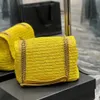 여성 고급 브랜드 디자이너 밀짚 가방 해변 핸드백 어깨 가방 패션 휴가 짠 작은 라운드 플립 덮개 금속 체인 크로스 바디 핸드백