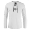 T-shirts pour hommes solide Hippie chemise décontracté à manches longues à lacets col rond T-Shirts automne printemps ample bouton haut M-4XL