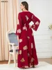 Robes de vêtements ethniques pour femmes automne mode musulmane Dubaï Abaya imprimé bouton bande garniture ceinture caftan fendu ourlet robe de soirée 230317