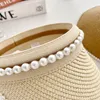 Straw Sun Visor Hat with Pearl Decoration Perfect for Outdoors Beach and Sun Protection