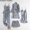 Womens Sleepwear 5PC Silk Robe Sleep Suit Lace Chiffon Satin Pajamas Gown Set VNeck Night Wear Pajama Home Nightwear Spring Nightdress 230317