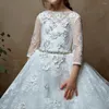 Girl Dresses Bow Flower Girls Lace Appliques Beads Floor-Length Pageant Gown Simple A-Line Three Quarter Sleeve First Communion Dress