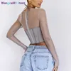 wangcai01 T-Shirt Femme Giyu Sexy Club Party Blouses Femmes Corset Crop Tops 2023 Eté Automne Maille Chemises Blouse Creux Long Seve Blusas Fme 0317H23