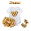 Completi di abbigliamento Vestiti per bambina Pagliaccetti di cotone bianco Volant dorati Neonate Tutu Gonna Scarpe Fascia per capelli Set nati carini 230317