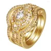 Wedding Rings Hainon Gold Color Ring Sets For Engagement Trendy Women Cz Zircon Princess 3pcs 6-10 Set Jewelry