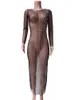 Abiti casual Sexy Mesh See Through Women Dress Summer Fashion Pearl Manica lunga Vacation Beach Maxi Bodycon Club Outfits 2023 Cover Up