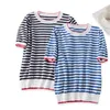 Camiseta para mujer OUMENGKA Mujeres Verano Harajuku Camisetas Thin Knitting Stripe O-Cuello Tops Mujeres Manga corta Elástico Casual Azul Tee Femme 230317