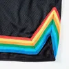 Mäns shorts Rainbow Color Striped Mesh Casual Summer Mens Shorts Zipper Pockets Streetwear Overdimased Drawstring Kne Lenght Pants G230316