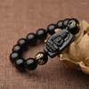 Bangle Natural 10mm High Quality Jade Black Obsidian Carved Buddha Lucky Amulet Round Beads Armband For Women Men