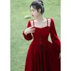 Casual Dresses Romantic Woman Red Velvet Dress Vintage Bandage Speghetti Strap Elegant Lady Party Night Dinner Girl Vestidos Robe Festa