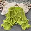 Women's Blouses Fairy Foury Founced Chiffon Mouwen Blouse For Women Candy V Neck Cakee Ruches Losse Casual geplooide shirts rood roze groen