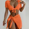 Bikinis set VigoCasey Orange 4PCS/Set Swimwear Women Sexy High Waist Neck Bikini Set 2022 Swimsuit Short Tied Sleeve Bathing Suit Swim Wear P230316