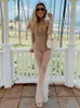 Casual Dresses Sexy Mesh See Through Women Dress Summer Fashion Pearl Long Sleeve Vacation Beach Maxi BodyCon Club Outfits 2023 Cover Up