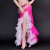 Desgaste de la etapa Colores dobles Ropa de baile de las mujeres Ropa de danza del vientre Círculo completo Falda larga de cintura larga Faldas de burbujas con abertura lateral