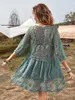 Casual Dresses Fitshinling Deep V Neck Boho Beach Outing Sheer Sexy Lace Tunic Pareo Swimwear Summer Vintage Short Dress Holiday Cover Up 2022 W0315