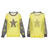 Women's Sweaters Women Sheer Long Sleeve Crew Neck Star Print Hollow Out Contrast Colors Loose Knitted Tops Streetwear Y2K Pullovers