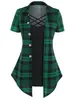 Dames s t -shirt crisscross plaid print mock knop casual faux twinset t shirt combo dames 2 in 1 tee twofer zomer hoge taille mode t shirts 230316