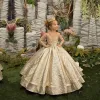 Gold Flower Girl Dress Princess Illusion Sleeve met strikknoppen Luscious Rok Verjaardag Wedding Feest Kinderen Bruidsmeisje Custom gemaakt BC15260