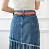 Юбка S5XL Пэчворки плиссированных джинсов юбки высокая талия разорванная винтажная элегантная корейская модная джинсовая ткань Большого размера KS10294 230317