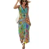 Vestidos casuales Vintage Patchwork Vestido Colorido Azulejo Español Fiesta Maxi Cintura Alta Boho Playa Largo Verano Mujer V Cuello Vestido