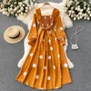 Casual Dresses Polka Dot Dress Women Clothing Elegant Vintage Autumn Square Neck Long Sleeve Shirred Midi With Belt